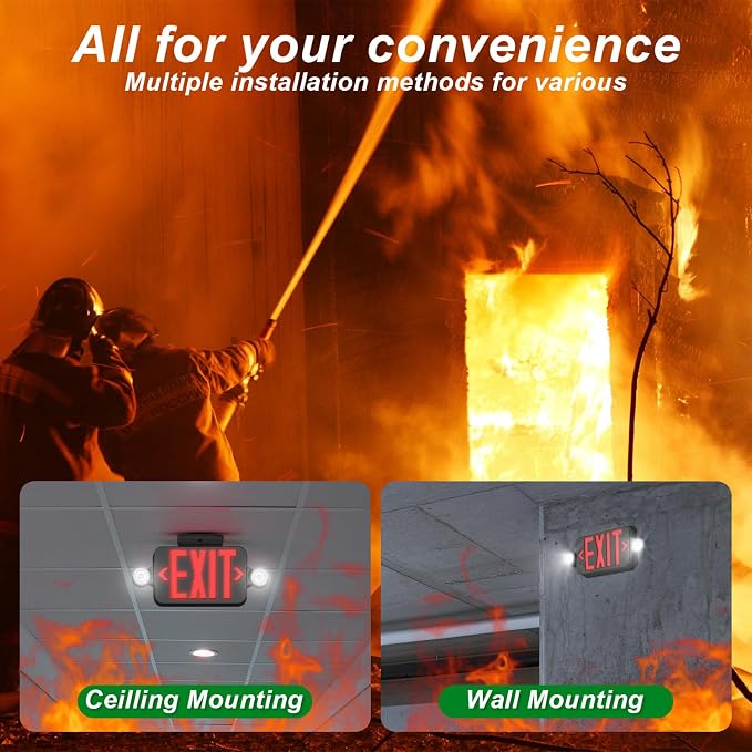 LED Exit Sign with Emergency Lights Dual LED Exit Light,Battery Backup | Two Bright LED Adjustable Heads Emergency Exit Lights, Hardwired Dual LED Combo Exit Lamp. ABS Fire Resistance UL, Red
