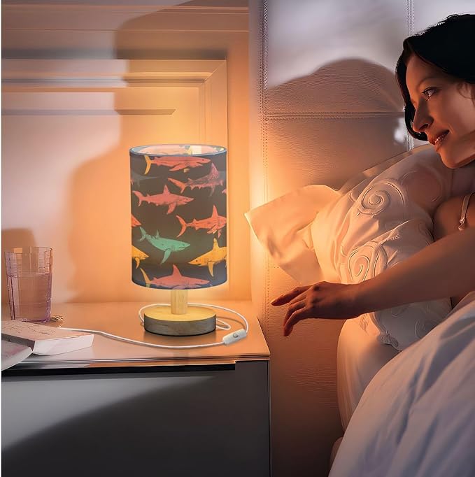 Fustylead Retro Colorful Sharks Undersea Animal Bedside Table Lamps with USB Port for Bedroom Lamp Small Nightstand Lamp Sturdy Linen Shade Wooden Decorative Lamps for Nursery Kids Reading Dorm Home