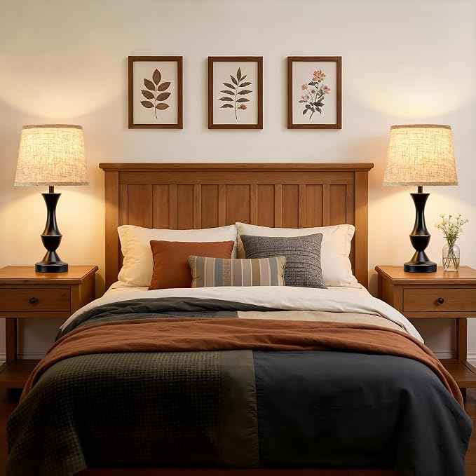 Luvkczc Table Lamp Set of 2, 19" Farmhouse Vintage Bedside Lamps for Living Room & Bedroom, Linen Shade Desk Lamps for Nightstand, Office, Study(Bulb not Included)