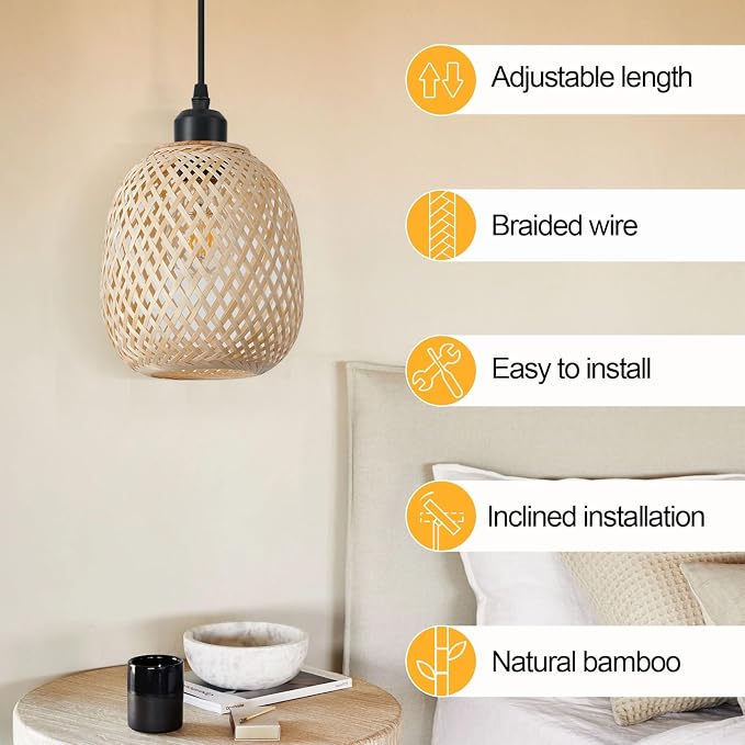 Hanging Light Fixture Set of 2, Mid Century Bohemian Rattan Bamboo Pendant Lighting,Torus Basket Woven Ceiling Chandelier for Kitchen Island Dinning Room Living Room Bedroom Nightstand