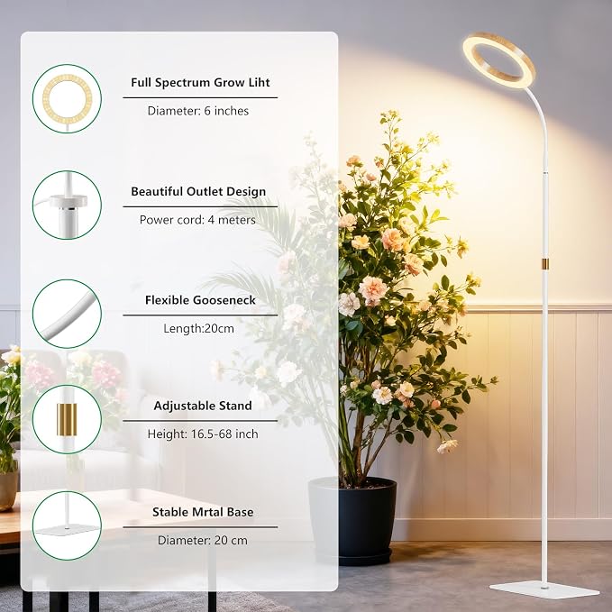 SDOVUERC Full Spectrum Grow Light with Stand for Indoor Plants, Floor Plant Light, 6/12/18H Timer, 3 Color Modes, Adjustable Height 16.5–68in, for Large Plants & Home Décor(1 Head,Faux Wood Grain)