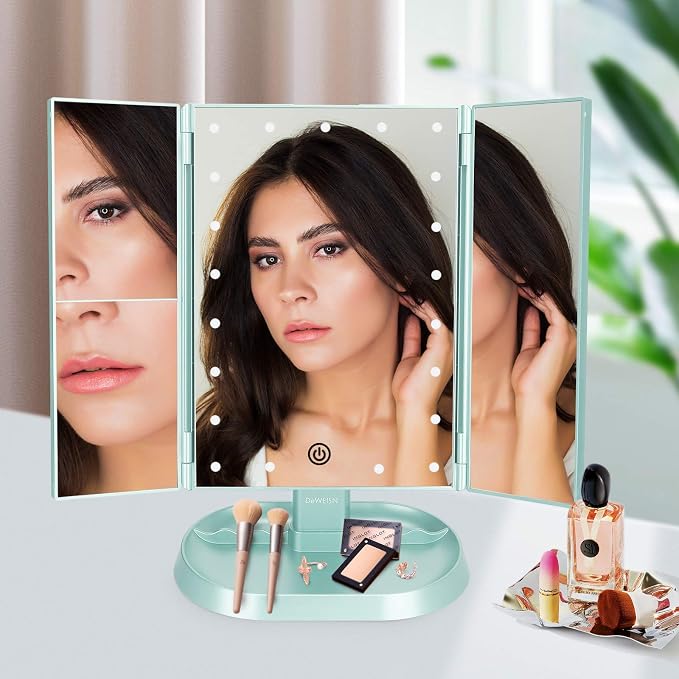 Trifold Lighted Vanity Makeup Mirror with 21 LED Lights,1x/2x/3x Magnification Touch Screen Dimming,Two Power Supplies Makeup Mirror, Gift for Women