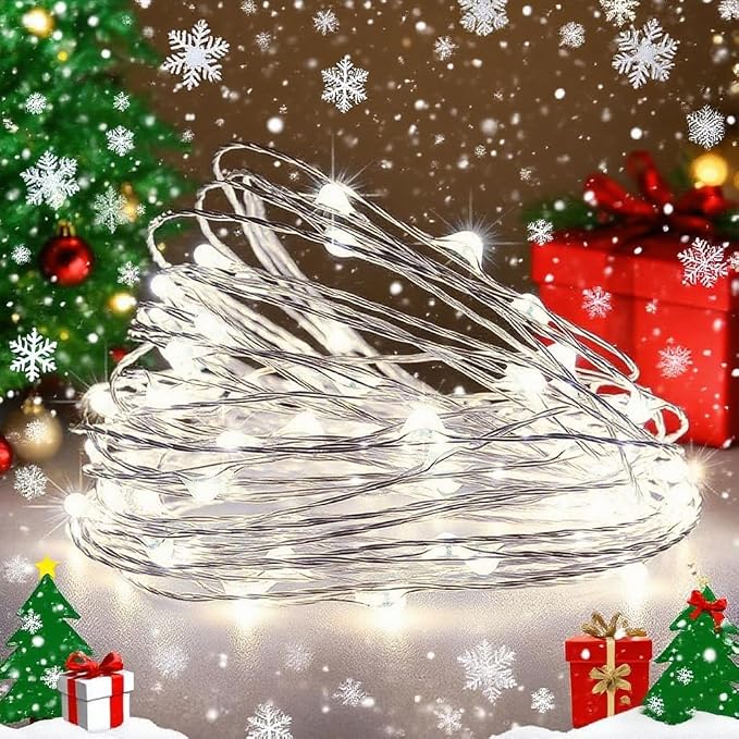 WSgift Christmas 4 Pack 33Ft 100 Cool White Led Fairy Lights Battery Operated with Remote Control Timer Waterproof Silver Copper Wire Twinkle Lights