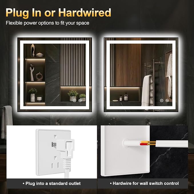 LED Bathroom Mirror with Light, 30x30 Vanity Mirror for Wall with Frame | Anti-Fog, Dimmable 3 Colors, Memory Function, Backlit and Front Lit, Shatter-Proof Glass, Plug-in/Hardwired