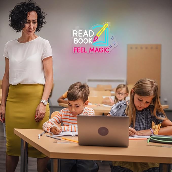 Read Book Feel Magic Neon Sign Led Pink Neon Signs for Wall Decor Colorful Neon Lights Dimmable Signs USB Light Up Sign Neon for Motivational Kids Gift Library Classroom Reading Room Bookstore Bookish Decoration