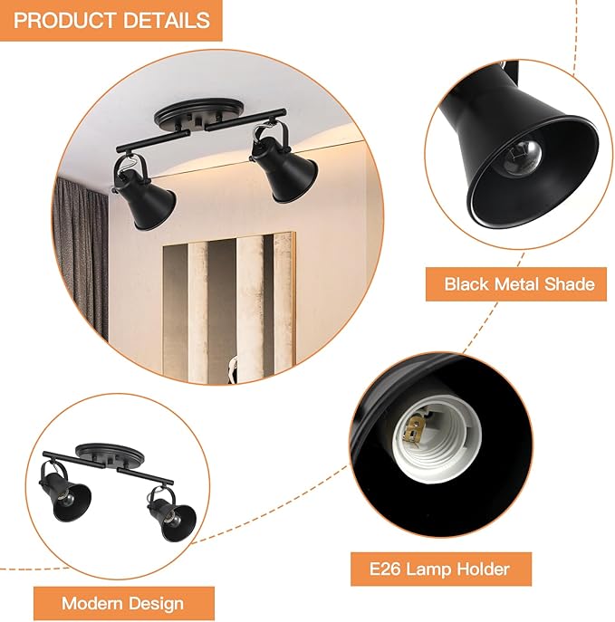 SEEBLEN 2 Light Track Lighting Ceiling, Industrial Directional Ceiling Spot Light Fixture,Black Flush Mount Ceiling Light for Kitchen, Living Room, Hallway, Bathroom, Cabinet, Etc.