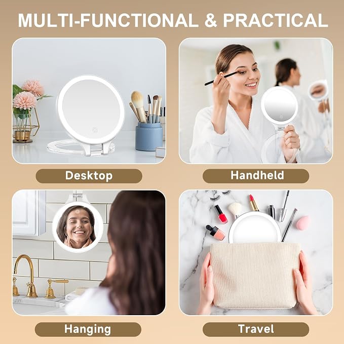 Mocado 1X/20X Magnifying Mirror with Light, Travel Makeup Mirror with Light | Double Sides Travel Mirror with 3 Color Light, Dimmable Touch, 1500mAh Rechargeable, Brightness Adjustable(White)