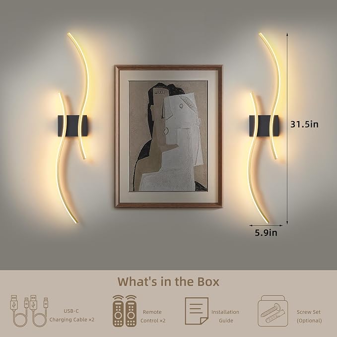 Battery Operated Wall Sconce Set of 2, Dimmable Modern LED Rechargeable Wall Light with Remote Control, Wall Decor for Living Room, Hallway, Quick Install, No Electrician Required