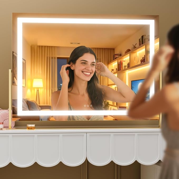 Hasipu Vanity Mirror with Lights, 28" x 20" LED Makeup Mirror, Light up Mirror with 10X Magnification and Phone Holder, USB Charging Port, Smart Touch 3 Colors Dimmable, 360ยฐ Rotation (Gold)