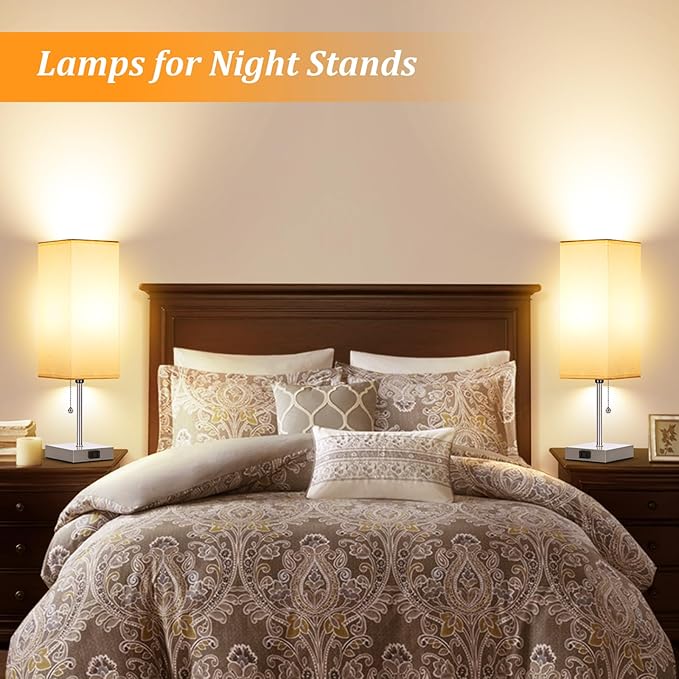 Table Lamp for Bedroom set of 2,3-Color Bedside Lamps with Pull Chain Table Lamps for Nightstand with AC Outlets,18'' Night Light Lamps with 2 Bulbs Lamps for Living Room Kids Office Decor(Nickel)