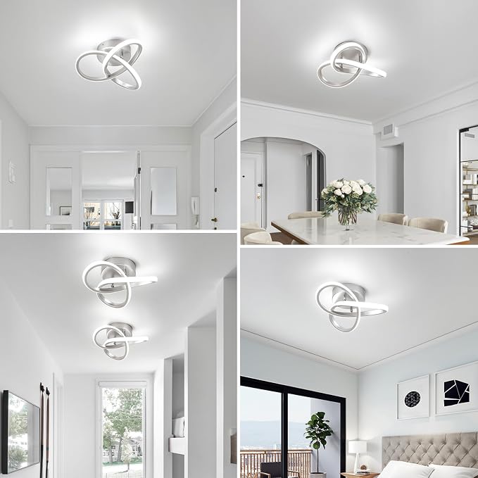Hallway Light Acrylic Modern LED Ceiling Light Fixtures Cool White 6000K Close to Ceiling Lights for Bedroom, Bathroom, Kitchen, Balcony, Corridor, Stair, Aisle Lamp Curved Design (Sliver,6000K)