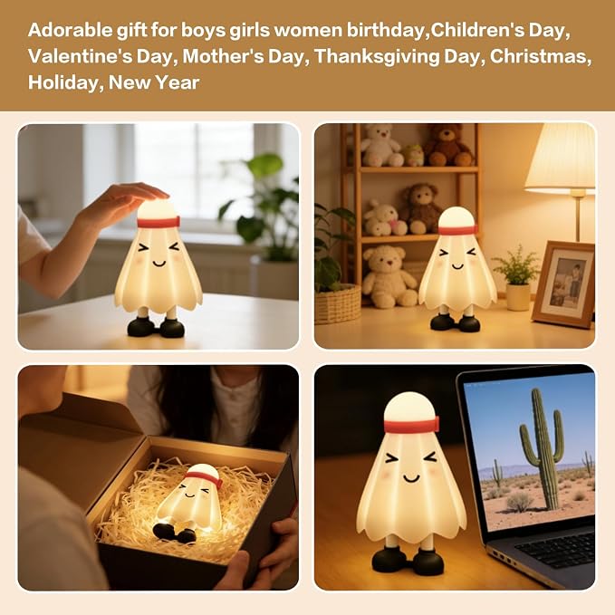 Cute Badminton Night Light - 30min Auto-Off Nursery Bedside Nightlight, 3 Adjustable Brightness Night Lamp for Bedroom, Birthday, Children’s Day, Valentine’s Day Gift for Her Girls Boys
