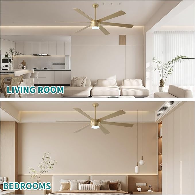 SHOWDI Ceiling Fan with Lights and Remote, 6 Blade App Control Timer Reversible Stepless Brightness and Color Temperature Outdoor Wood Ceiling Fan with Lights (Gold, 72 Inch)