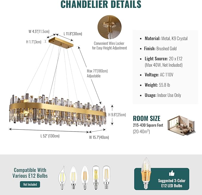 Siljoy Gold Crystal Chandelier for Dining Room, Large Modern 2-Tiers K9 Crystal Raindrop Chandelier, 20 Lights Luxury Adjustable Hanging Ceiling Light for Living Room Kitchen Island Bar L52''