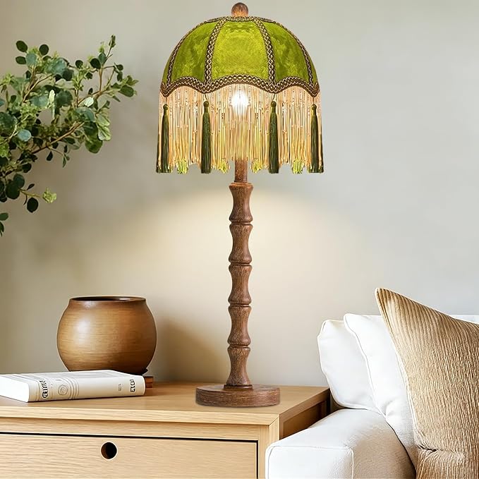 ILLMTW Vintage Table Lamp for Bedroom Living Room,Fringe Bedside Lamps Dimmable Boho Bedroom Lamp with Flower Green Lamp Shade,Mid Century Retro Tassel Unique Wood Small Nightstand Lamp Tiffany Decor