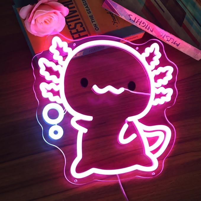 Axolotl Neon Sign, LED Night Light for Kids Room Wall Decor | Cute Bedroom Decor, Gamer Setup, Birthday Party, Nursery Room, Kawaii Style, Soft Glow, USB Powered, Gift Ready