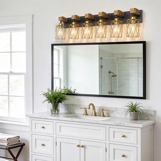 IZORRO Farmhouse Bathroom Vanity Light, 6-Light Wood Bathroom Light Fixtures Over Mirror, Black and Gold Industrial Vanity Lights with Metal Shade, Rustic Restroom Lighting Fixtures