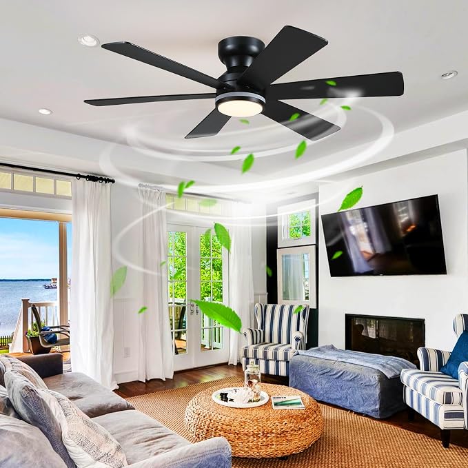 46" 6-Blade Black Low Profile RGB Ceiling Fan with Light and Remote/APP | 11 RGB Modes,Reversible 6 Wind Speeds,Dimmable 3 CCT LED, 25W Quiet DC Motor,Timer,6 Double-Sided Blades,for Bedroom Party