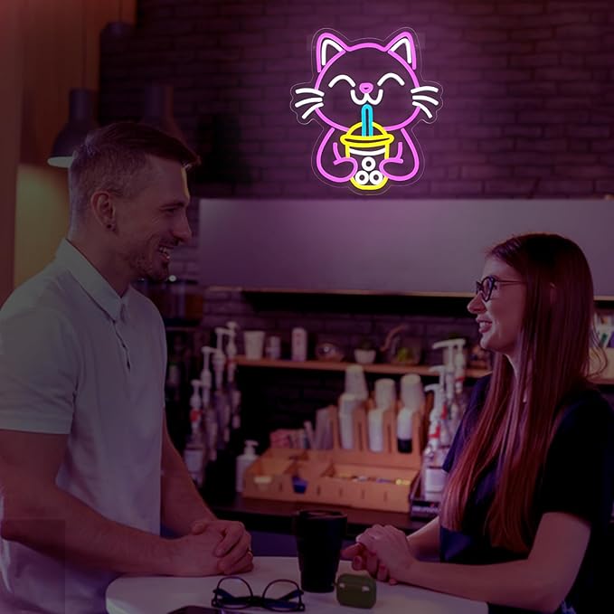 Cat Boba Tea Neon Sign for Wall Decor Dimmable Cute Cat Led Light Signs Bubble Tea Neon Light for Cafe Bar Kitchen Restaurant Coffee Dessert Shop Kids Room Decoration Gift for Girls Kids