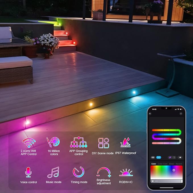 Sumaote LED Deck Lights Kit, 30 Pack 1.22" WiFi Smart RGBW+IC Multicolor | Recessed Low Voltage 12V IP67 Waterproof, App Control Dynamic Color Changing, for Outdoor Step Stair Garden Yard Landscape