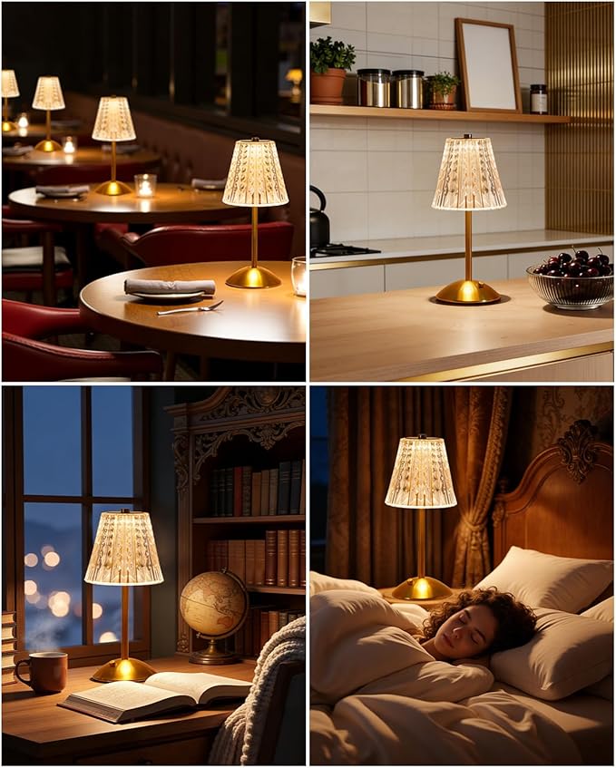 Nusogon 4 Pack Rechargeable Cordless Table Lamp, Touch Control Desk Lamp | 3 Color Dimmable LED Gold Small Lamp for Bedroom Bedside Restaurant Kitchen Home Decor