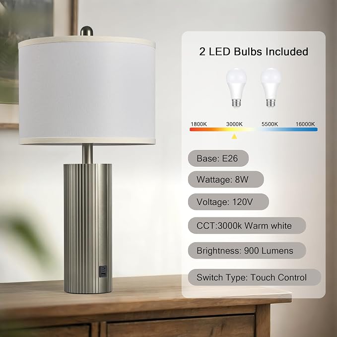 Table Lamps for Living Room Set of 2, 24.5" Modern Table Lamps for Bedroom with USB C+A Ports, Creative Stripe Touch Lamps for Nightstand, 2 Bulbs Included