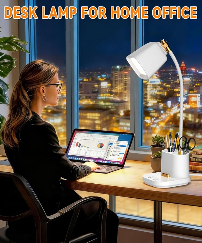 LED Desk Lamps for Home Office with Charger, Organizer, Desk Light Table Lamp for Bedroom, Study, Reading, Work, Nail, Gooseneck Small Desk Lamp for Artist, Puzzle, Drawing, Eye-Caring LED Office Lamp