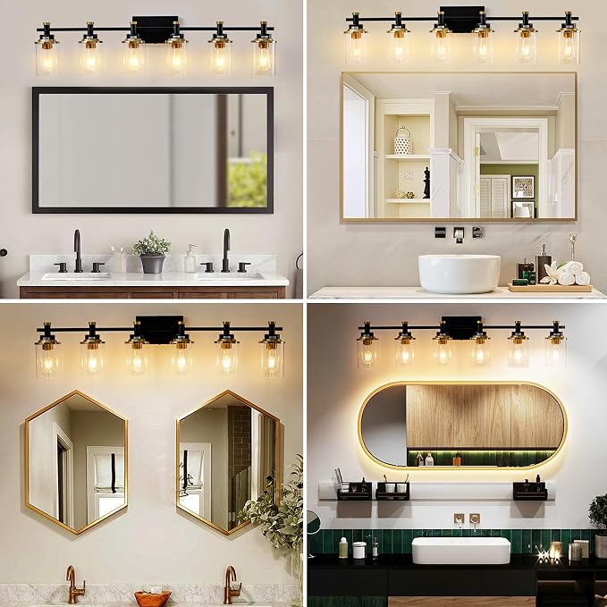 6 Bathroom Vanity Lights, Black and Gold Bathroom Light Fixtures, Sconces Wall Lighting with Clear Glass Shade, Modern Brushed Gold Vanity Lighting Fixtures for Bathroom, Bedroom, Hallway
