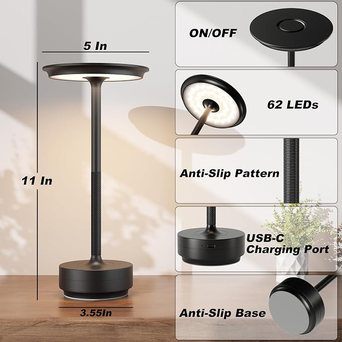 TBBGA 2 Pack Rechargeable Table Lamps Cordless, 5000mAh Outdoor Table Light | 3 Color Stepless Dimming Portable LED Table Lamp with Memory Function, for Home/Dinner/Patio/Restaurant.(Black)