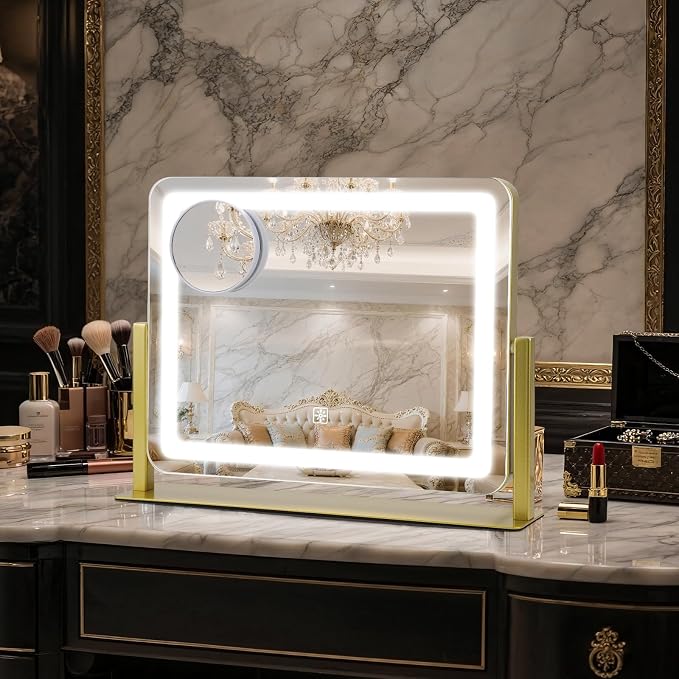 Rechargeable Vanity Mirror with Lights, 3000mAH Battery, 16"×12.4" LED Makeup Mirror, 10X Magnification, Smart Touch with 3-Color Lighting, 360° Rotation, Lighted Up for Makeup Desk, Bedroom (Gold)