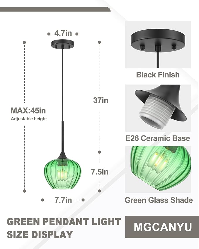 2-Pack Green Pendant Lights Kitchen Island, 7.7" Vintage Glass Pendant Lighting Fixtures Mini Hanging Light for Kitchen, Dining Room, Bathroom, Bedroom