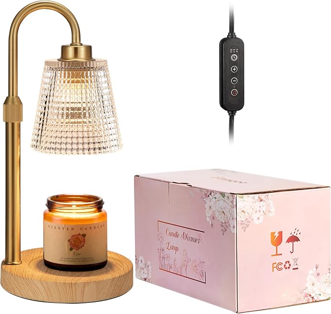 Innqoo Wood Color& Clear Candle Warmer Lamp with Timer, Dimmable Candle Warmer for Jar Candles, Height Adjustable Wax Melts Warmer, Birthday Gifts for Women Mom, House Warming Gifts New Home Decor