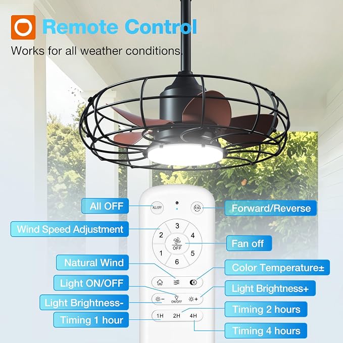 addlon 20" Outdoor Ceiling Fan with Light for Patio, IP65 Plug in Caged Fan | Waterproof, Hanging Hook, Reversible DC Motor, 6 Speeds, Remote Control, Quiet Operation, Timer, for Gazebo, Patio, Porch