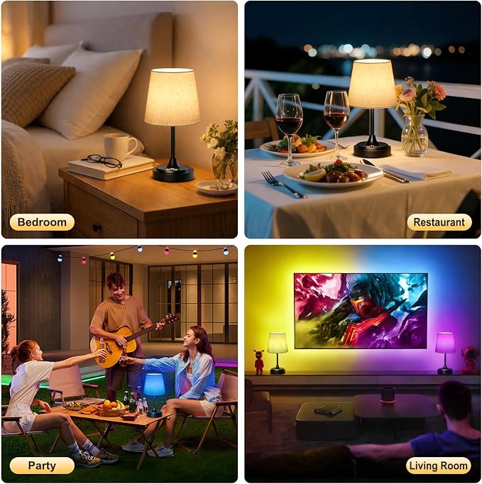 Wowag Small Cordless Table Lamp Rechargeable,5000mAh Battery Operated Desk Lamp,3 Colors & 7 RGB Stepless Dimmable,Touch Ambient Light for Bedside,Bedroom,Dining Room,Living Room,Black,FlaxenShade