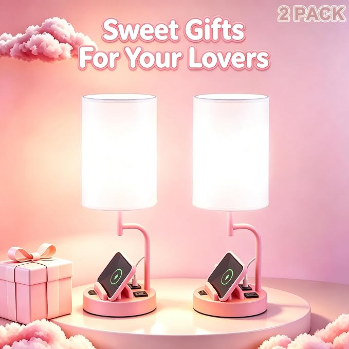 Dreamholder 2 Pack Table Lamp, Bedside Lamp with 3 USB Charging Ports & AC Outlet, USB Desk Lamp with 2 Phone Holders, Linen Fabric Shade Nightstand Lamps for Bedroom Living Room Office, Baby Pink
