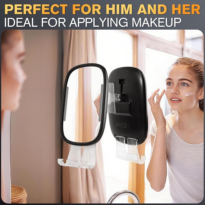 Anti-Fog Shower Mirror for Shaving - Rechargeable Lighted Fogless Mirror with Adjustable, Heated Bathroom Mirror with 2 Razor Hooks & 4 Adhesive Wall Mounts, Grooming Gift for Men (Black)