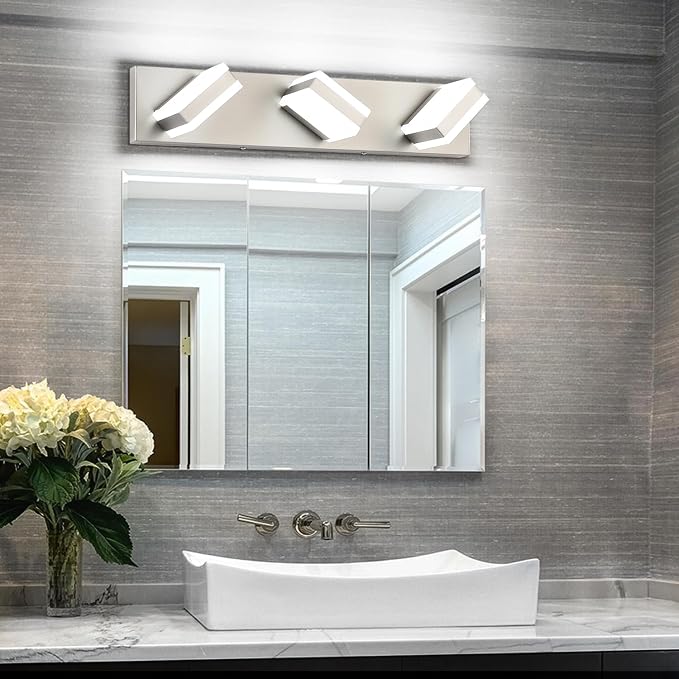SOLFART Brushed Nickel Vanity Lights Over Mirror, 3 Light LED Bathroom Light Fixture, Vanity Light for Bathroom Modern LED Lights 6000K