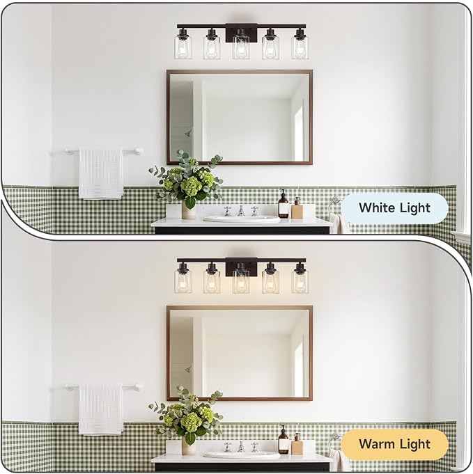 5-Light Oil Rubbed Bronze Bathroom Light Fixtures,30" Vanity Light | Modern Bronze Bathroom Lighting with Clear Glass Shades,Bathroom Wall Sconece over Mirror Sink Cabinet