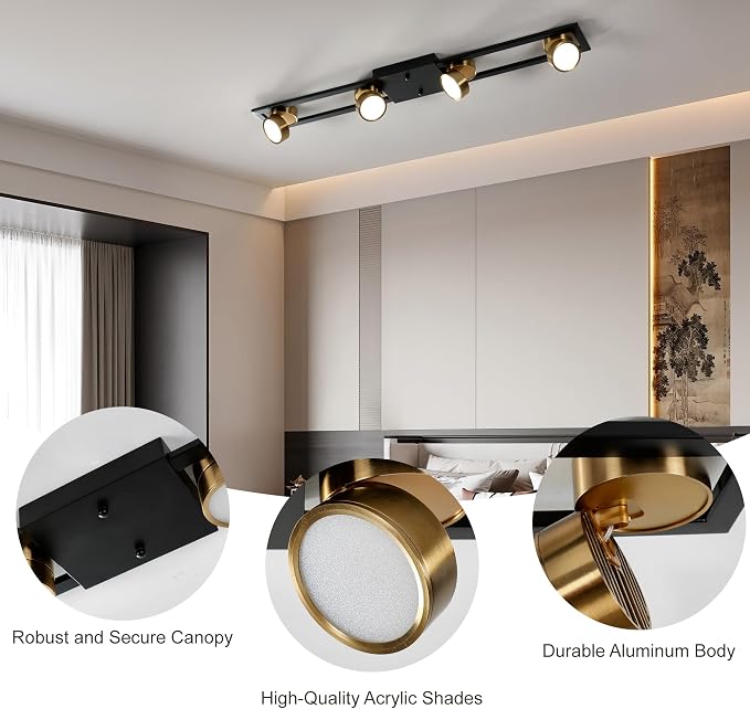 Garwarm 35 Inch LED Track Lighting, Dimmable Low Profile Ceiling Light | Modern Ultra-Slim Flush Mount with 270° Rotatable Heads,Black Gold,3000K-6500K for Kitchen, Dining Room, Bedroom, Office