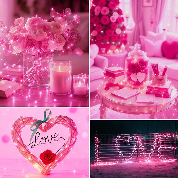 kolpop 5 Pack Fairy Lights Battery Operated with Timer, 50 LED Mini String Light Battery Powered, Pink Tiny Lights for Indoor Wedding Decorations