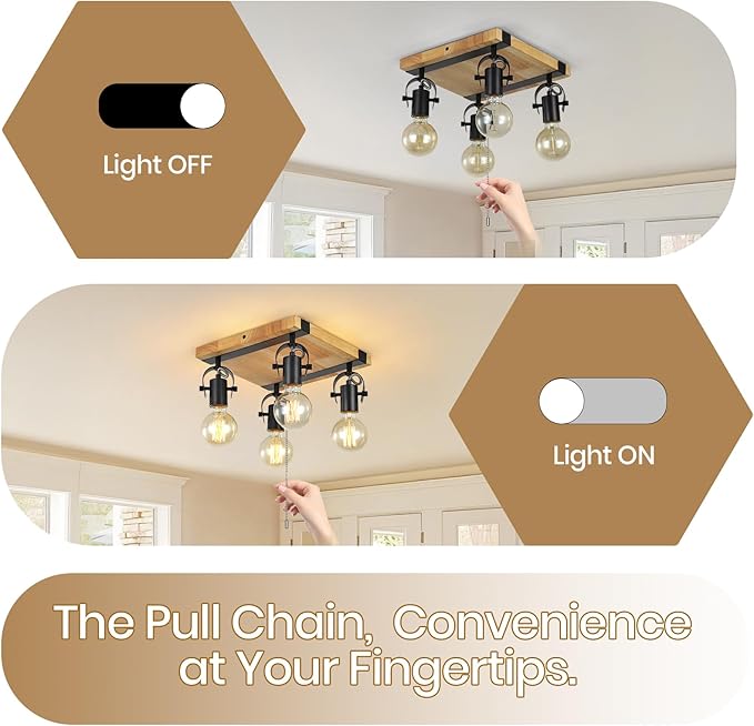 Farmhouse Flush Mount Ceiling Light with Pull Chain,4-Light Directional Ceiling Spotlight Rustic Track Light Kits, Wood Pull String Light Fixtures for Kitchen Bathroom Bedroom Hallway