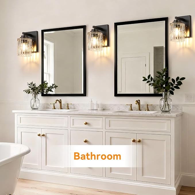 TALOYA Brushed Black 2 Pack Wall Sconces with Fluted Cylinder Glass Shade | Modern Vanity Lighting Fixtures, Bathroom Lights Over Mirror, Wall Mount Mirror Light Fixtures for Bathroom Hallway Bedroom
