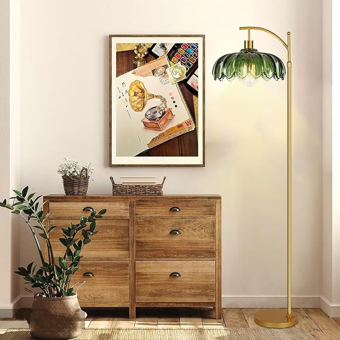AHDWDW Gold Floor Lamp for Living Room Bedroom with Remote,Unique Vintage Standing Tall Lamp,Mid Century Modern Floor Lamps with Dimmable Bulb,Arc Green Glass Floor Lamps for Office Corner