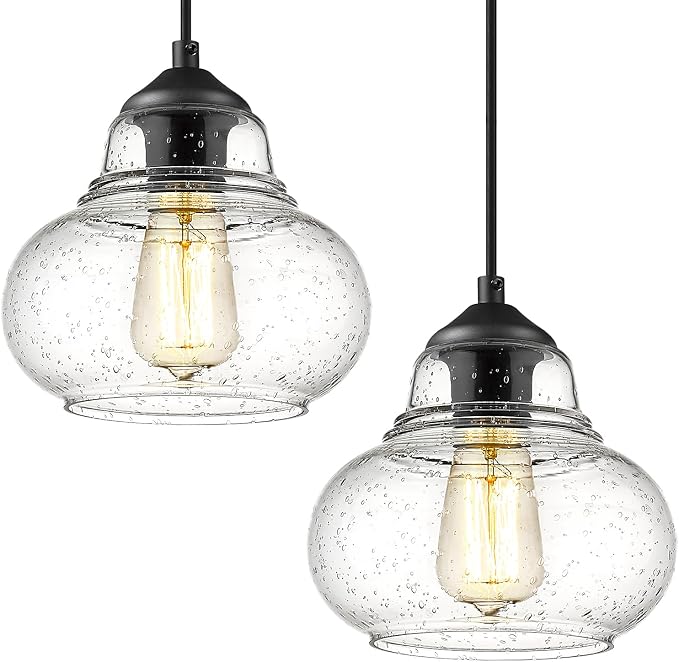 ELYONA 2 Pack Bubble Glass Pendant Light 8 inch Industrial Kitchen Hanging Pendant Light Fxitures Modern Hand Blown Seeded Glass for Farmhouse Dining Room Bar Bedroom Living Room Black