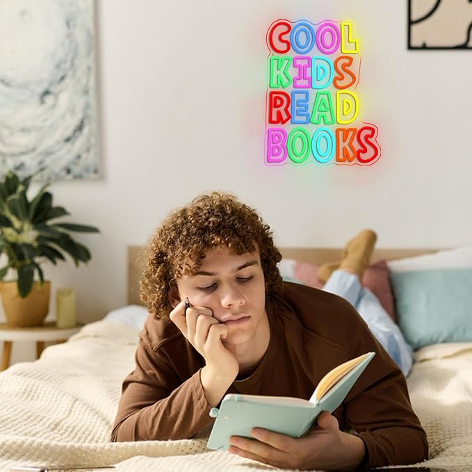 Cool Kids Read Books Neon Sign for Wall Decor Reading Letters Neon LED Light USB Powered Book LED Light Sign for Classroom Library School Girls Boys Room(12.6 * 16.54In)
