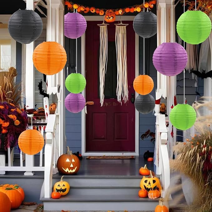 Halloween Paper Lanterns Black Purple Orange Green Halloween Party Decorations for Birthday Baby Shower Bachelorette Wedding Bathroom Hanging Supplies (12 PCS)