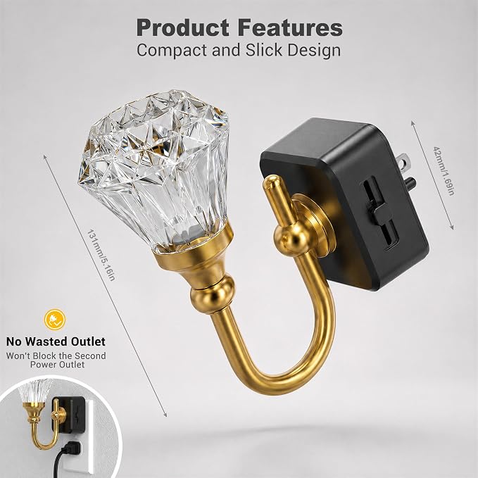 JandCase Night Light, Night Lights Plug into Wall, Crystal LED Nightlight | 0-100 LM Dimmable Nightlights, Dusk to Dawn Sensor, 1W Vintage Rotatable Nite Light for Bathroom Hallway Decor, 2 Pack