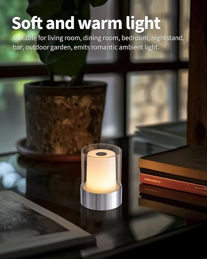 4" Chrome Cordless Table Lamp 2 Pack, Outdoor Rechargeable Lamp | LED, Battery Operated, Portable, Touch Night Light for Dining Room, Camping, Bar, Party, Bedside, Bedroom, Home Decor, Gift