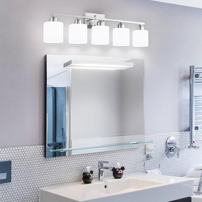 5 Light Bathroom Light Fixtures Brushed Nickel,Anti-Rust Finish Bathroom Vanity Light with Milky White Frosted Glass Shade for Mirror Bedroom Living Room E26 Base