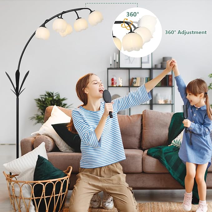 HMVPL Black Floor Lamp for Living Room, Flower Floor Lamp with 5 G9 LED Bulbs, Foot Switch, Arc Standing Lamp with Acrylic Shade,Marble Base, Cute Tall Lamp for Living Room Corner Bedroom Reading Home